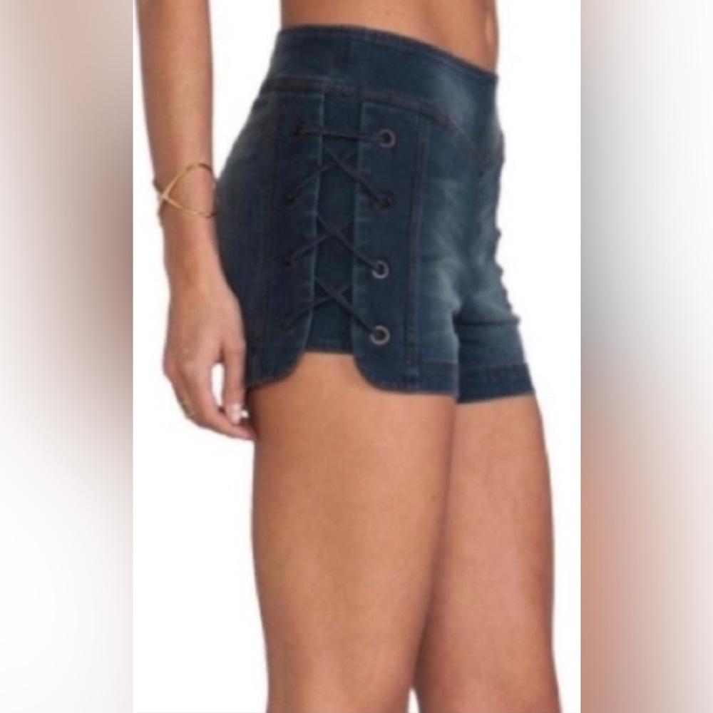 Free People Womens Blue Medium Wash Hi Rise Criss Cross Side Jean Shorts 25